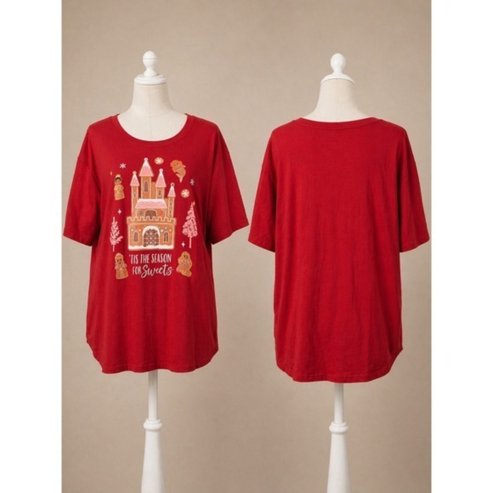 Disney‎ Holiday Shirt XXL Christmas Gingerbread Tee Festive Graphic Red Cute